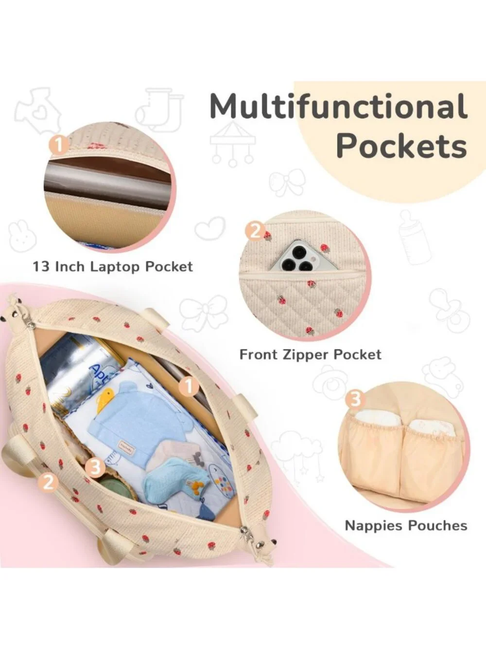 Stylish Beige Strawberry Diaper Bag Tote | Large Capacity, Corduroy